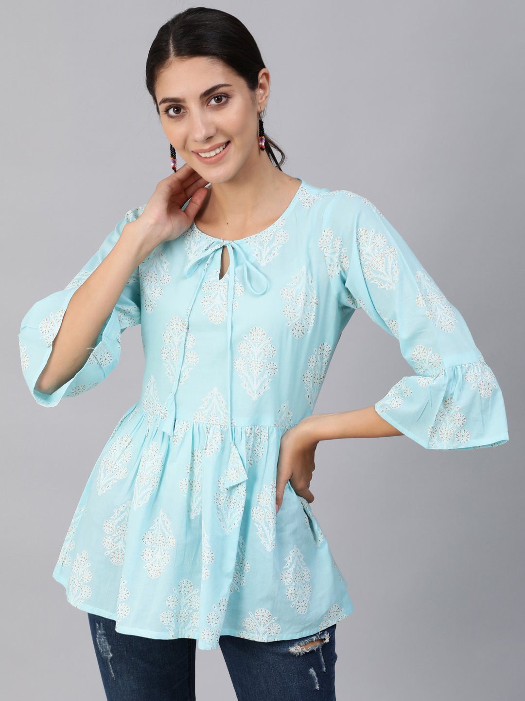 Women's Blue & Gold Printed Top With Three Quarter Flared Sleeves