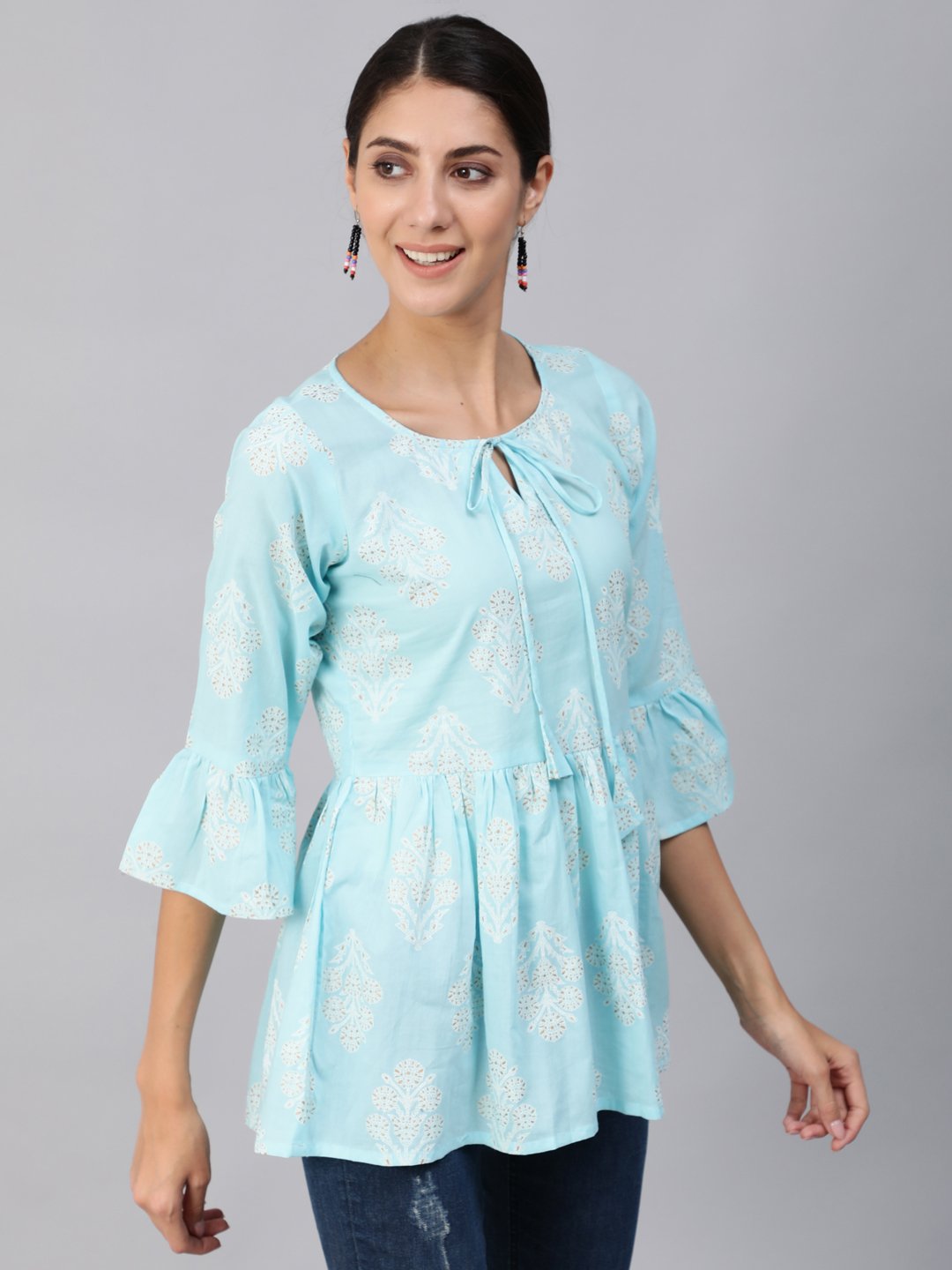 Women's Blue & Gold Printed Top With Three Quarter Flared Sleeves