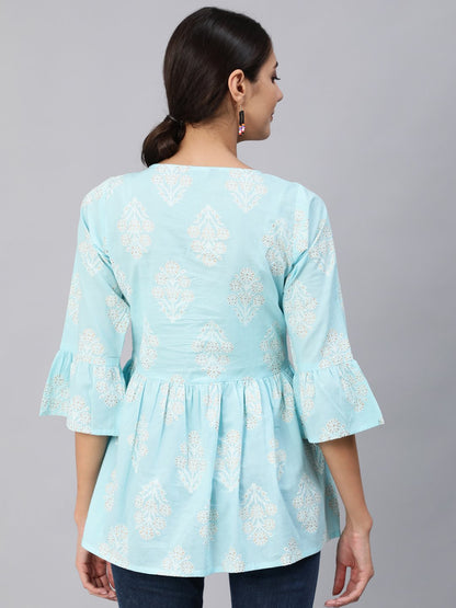 Women's Blue & Gold Printed Top With Three Quarter Flared Sleeves