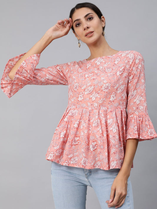 Women's Pink Floral Printed Top With Three Quarter Flared Sleeves