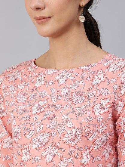 Women's Pink Floral Printed Top With Three Quarter Flared Sleeves