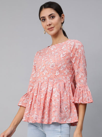 Women's Pink Floral Printed Top With Three Quarter Flared Sleeves