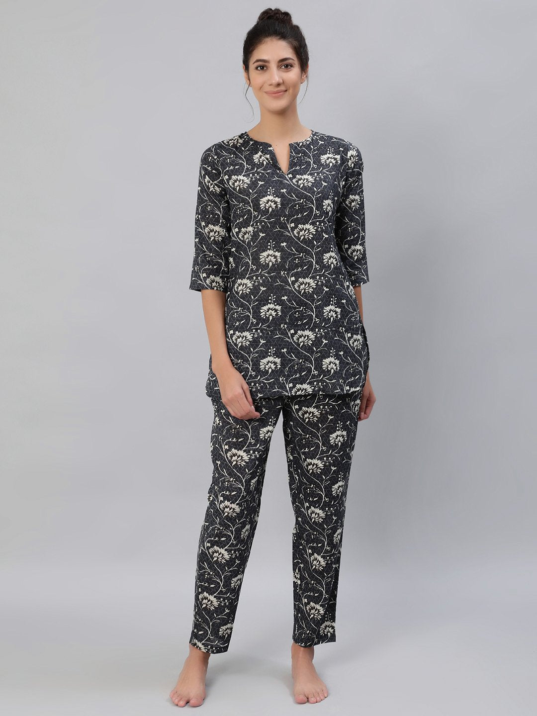 Women's Grey Floral Printed Night Suit Set