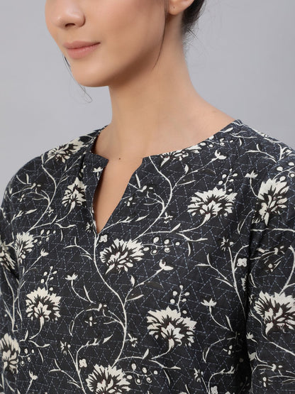 Women's Grey Floral Printed Night Suit Set