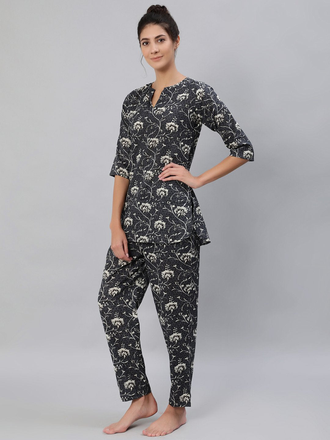 Women's Grey Floral Printed Night Suit Set