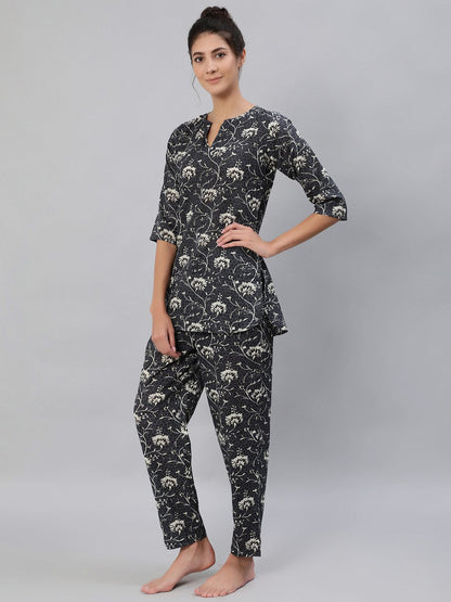Women's Grey Floral Printed Night Suit Set