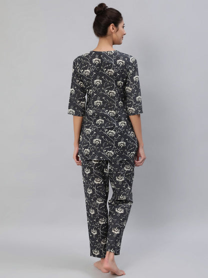 Women's Grey Floral Printed Night Suit Set