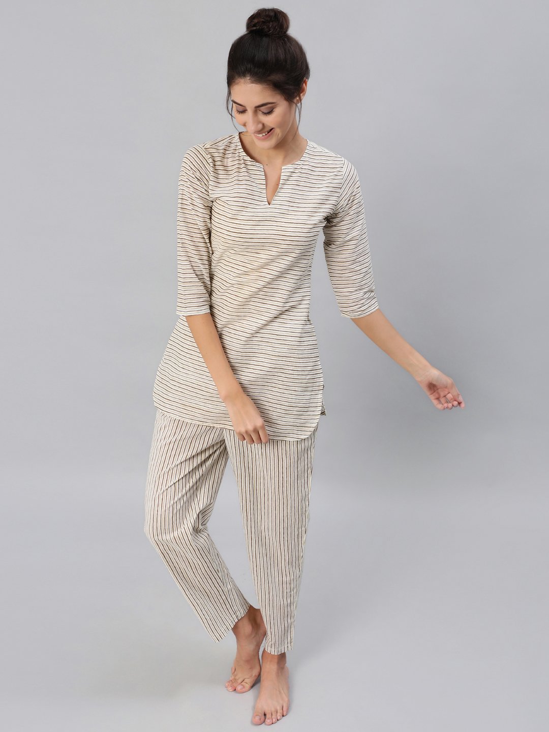 Women's Brown & Off-White Striped Printed Night Suit Set