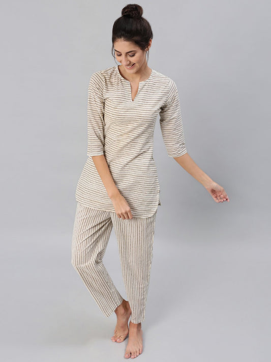 Women's Brown & Off-White Striped Printed Night Suit Set