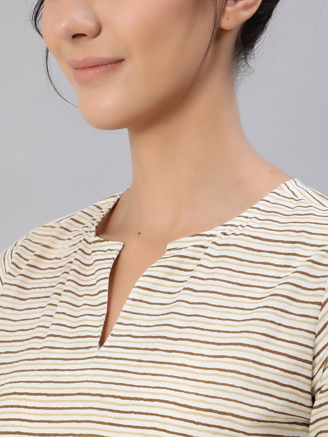 Women's Brown & Off-White Striped Printed Night Suit Set