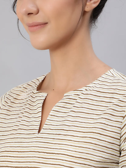 Women's Brown & Off-White Striped Printed Night Suit Set