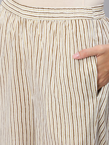 Women's Brown & Off-White Striped Printed Night Suit Set