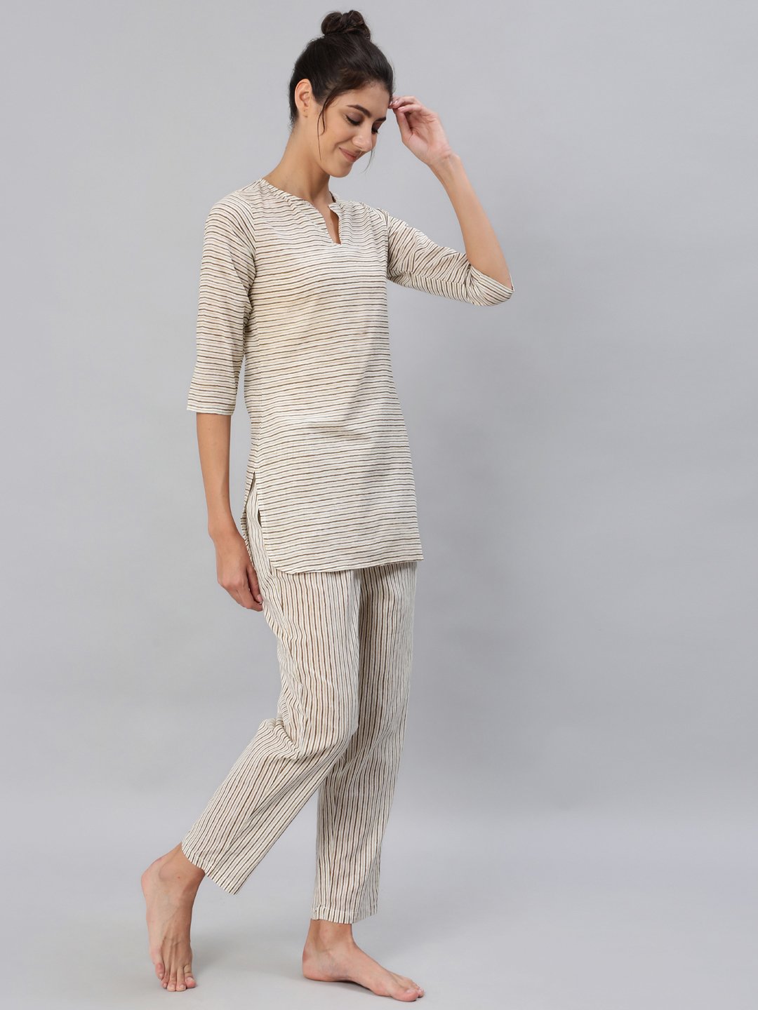 Women's Brown & Off-White Striped Printed Night Suit Set