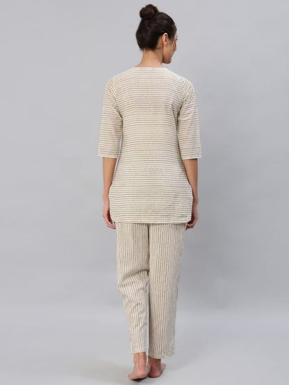 Women's Brown & Off-White Striped Printed Night Suit Set