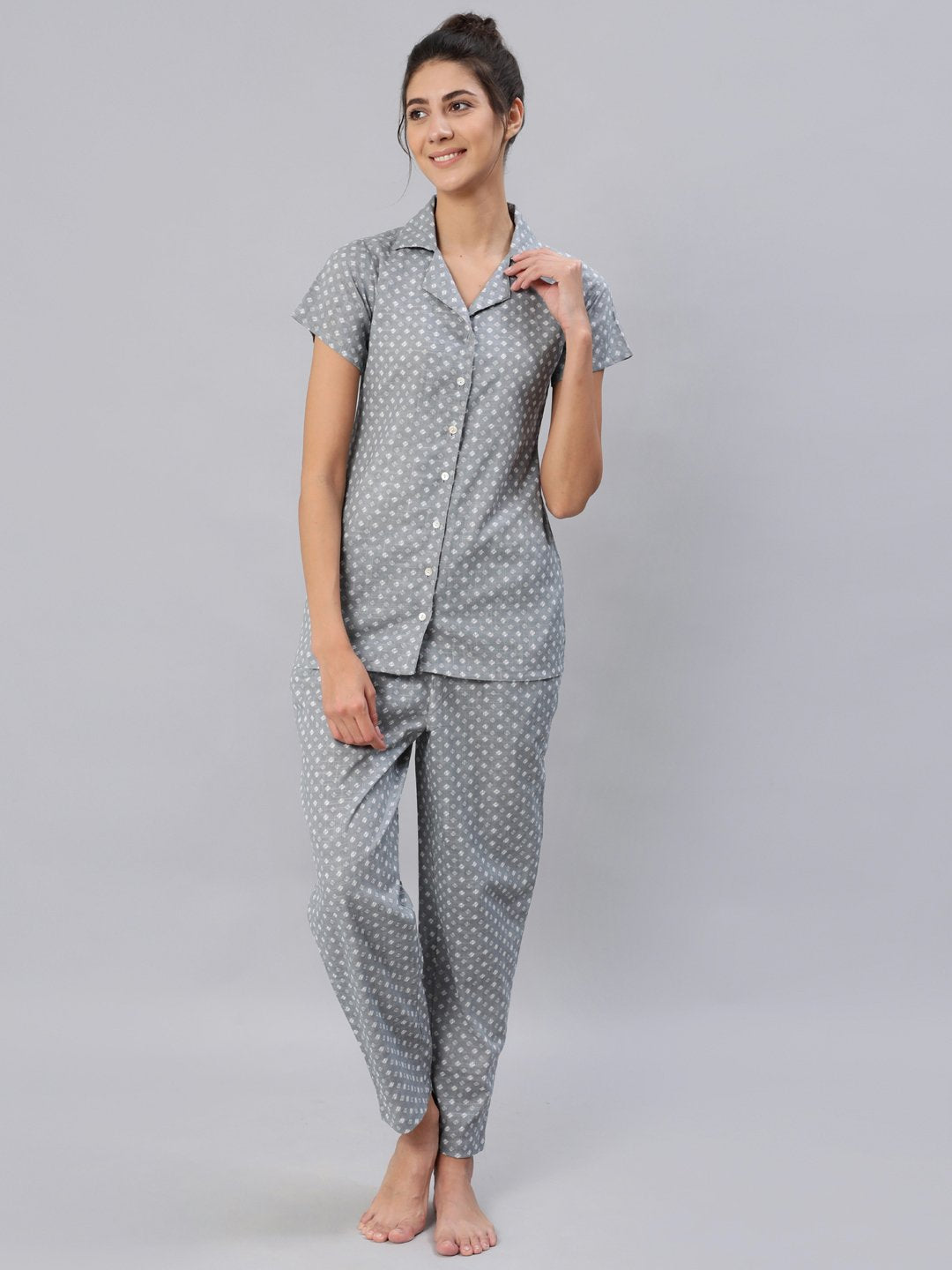 Women's Grey Printed Night Suit Set