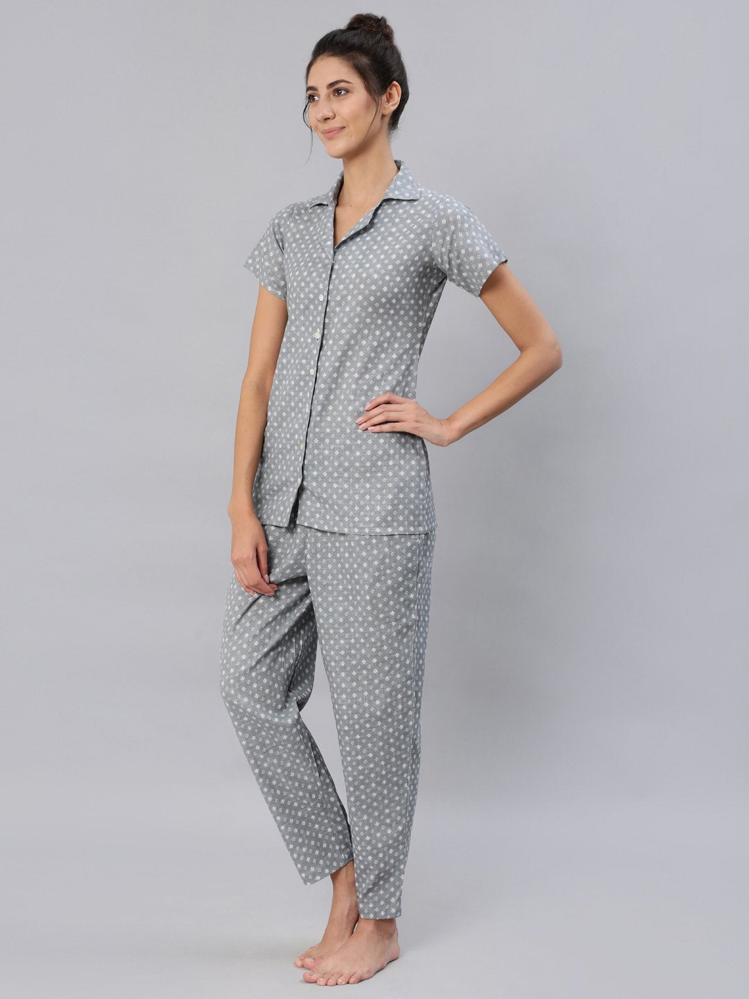 Women's Grey Printed Night Suit Set