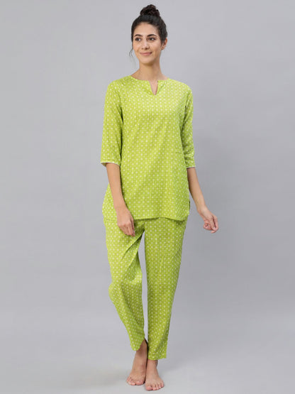Women's Green Printed Night Suit Set