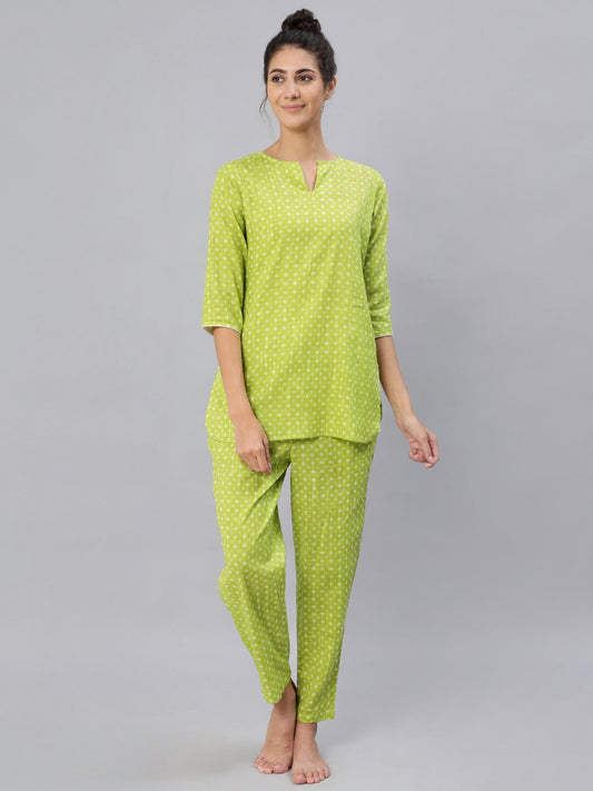 Women's Green Printed Night Suit Set