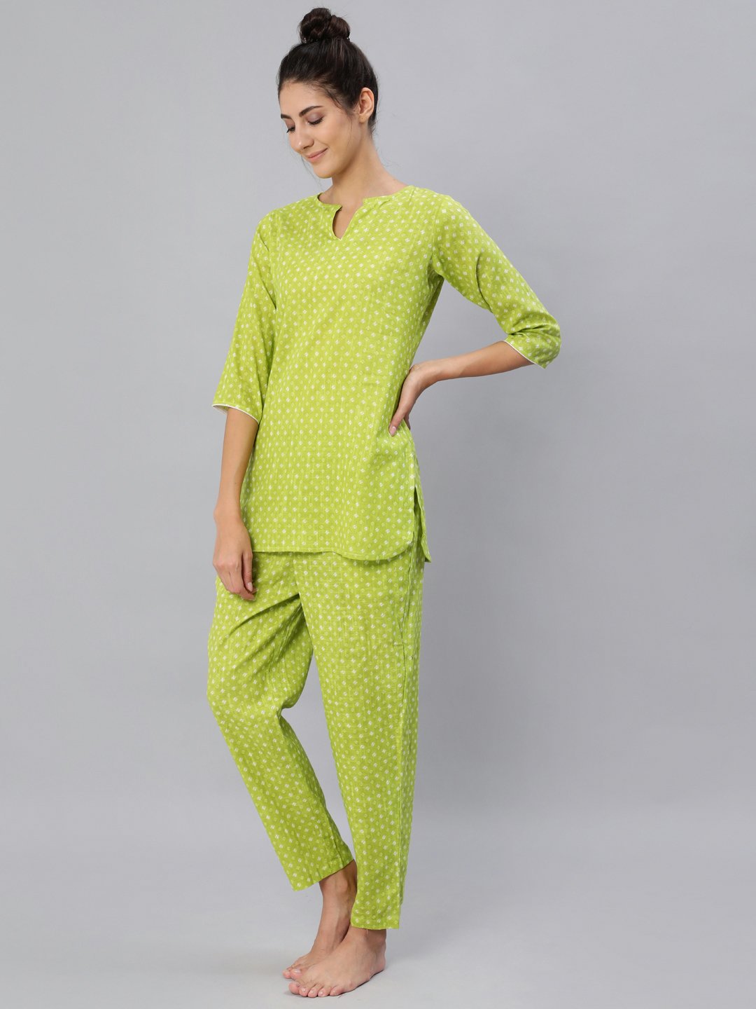 Women's Green Printed Night Suit Set