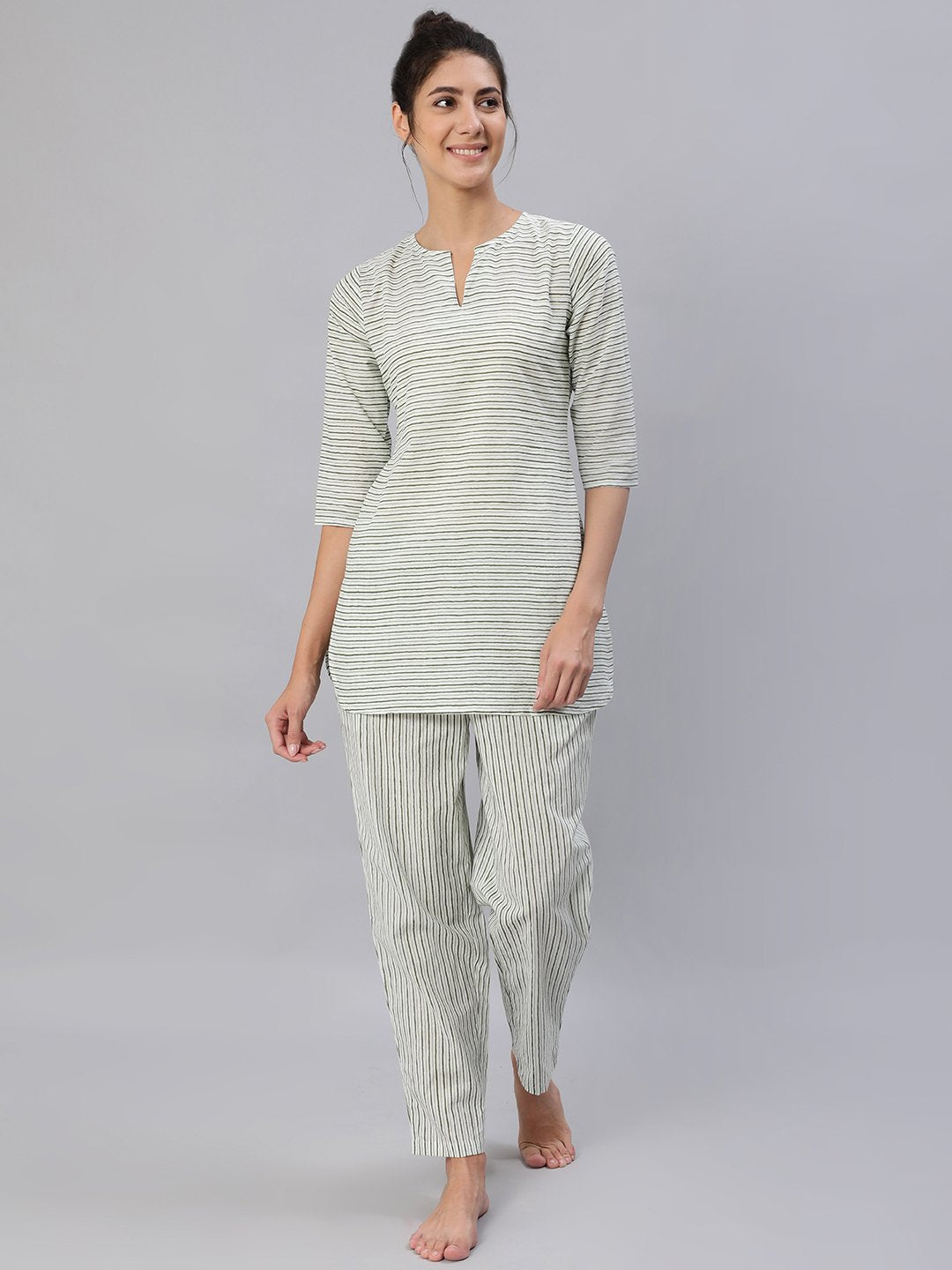 Women's Green & Off-White Striped Night Suit Set