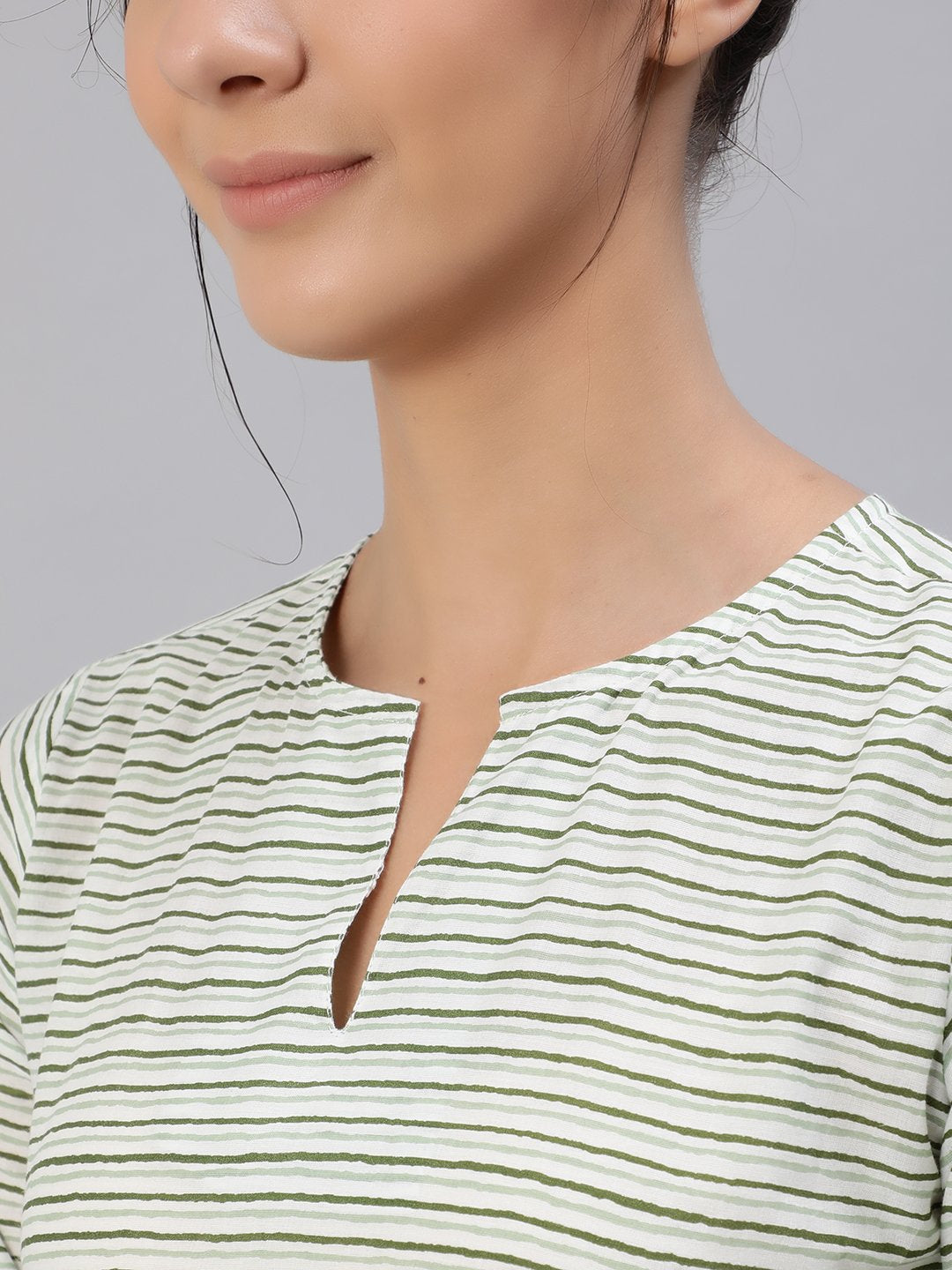 Women's Green & Off-White Striped Night Suit Set