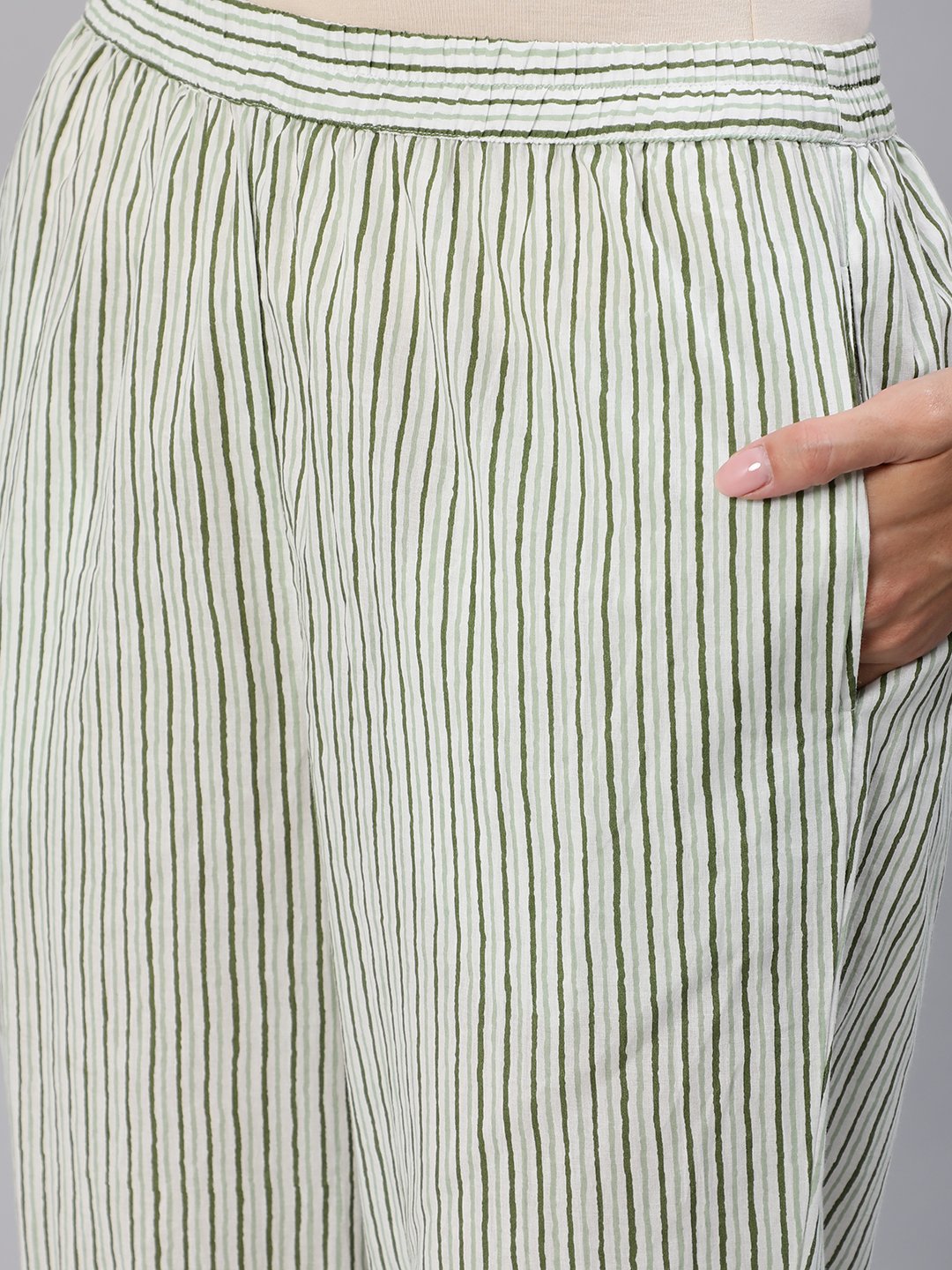 Women's Green & Off-White Striped Night Suit Set