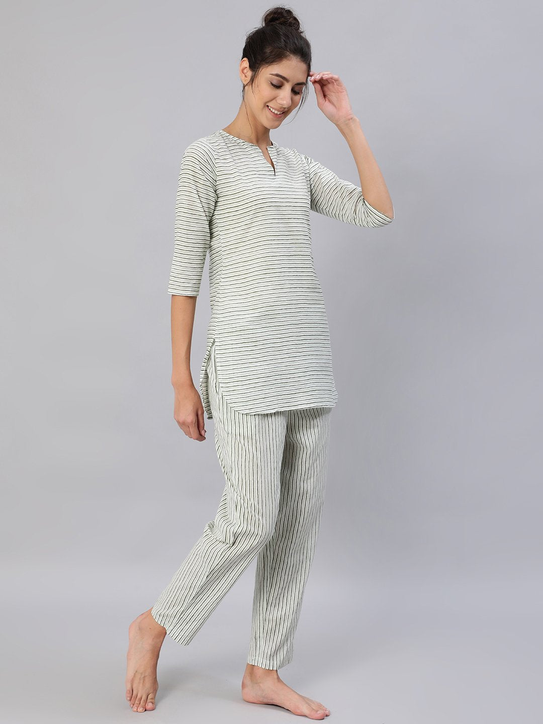 Women's Green & Off-White Striped Night Suit Set