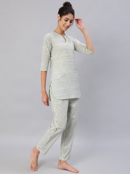 Women's Green & Off-White Striped Night Suit Set