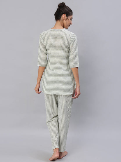 Women's Green & Off-White Striped Night Suit Set