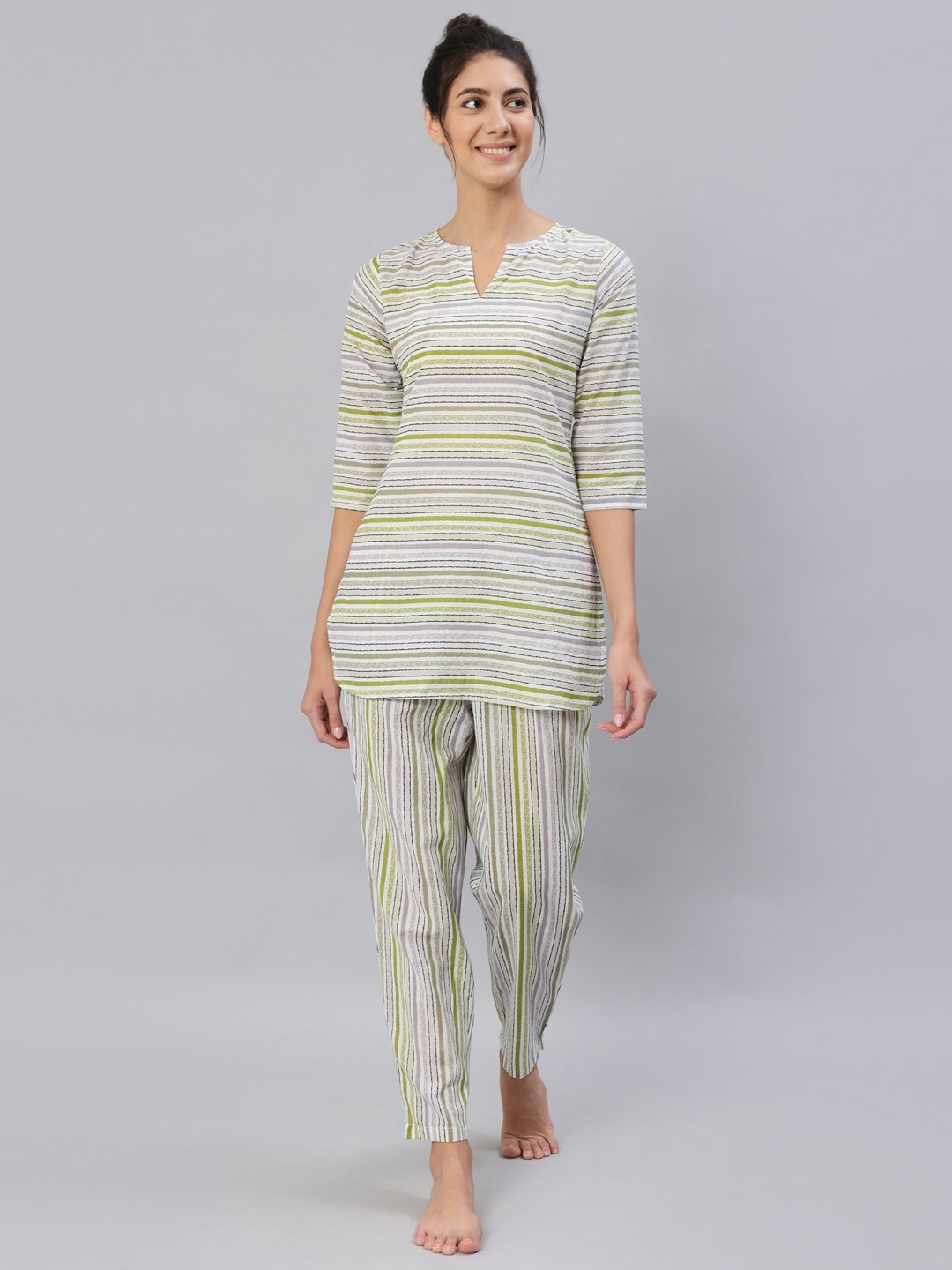 Women's Green & Grey Striped Night Suit Set