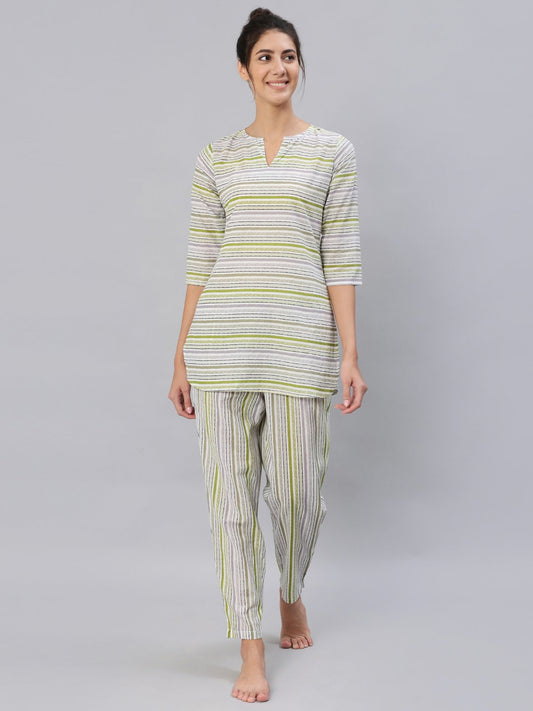 Women's Green & Grey Striped Night Suit Set