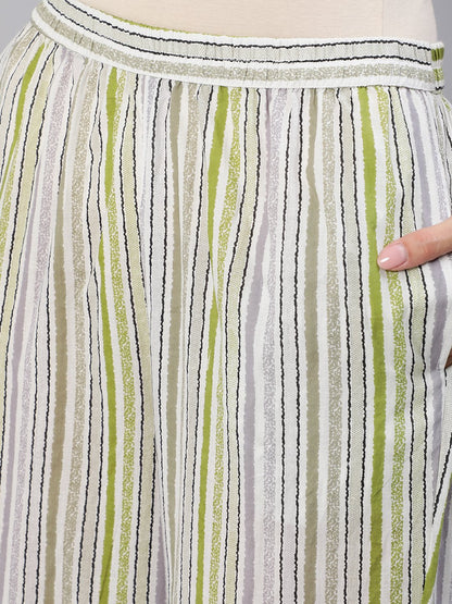 Women's Green & Grey Striped Night Suit Set