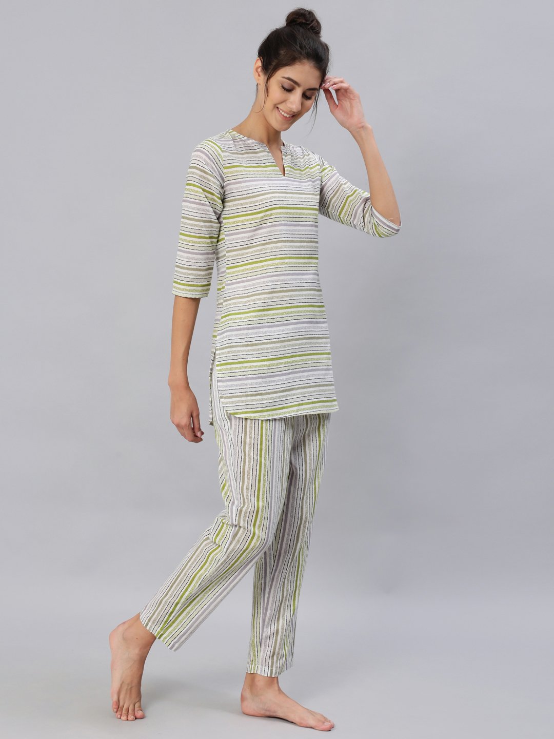 Women's Green & Grey Striped Night Suit Set