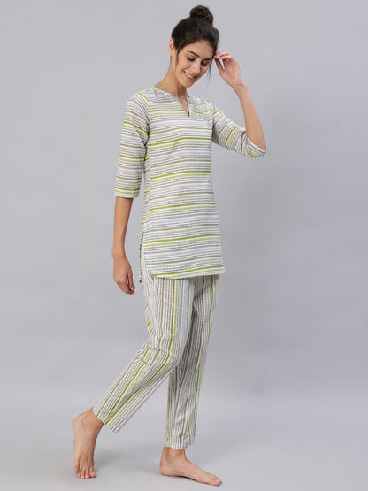 Women's Green & Grey Striped Night Suit Set