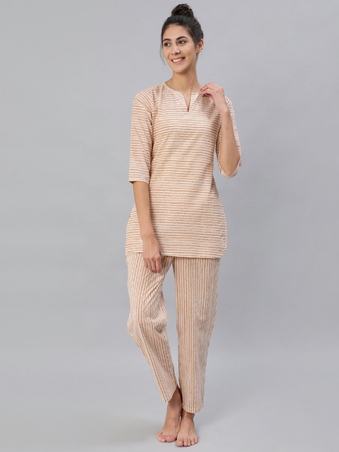 Women's Mustard & Off-White Striped Night Suit Set