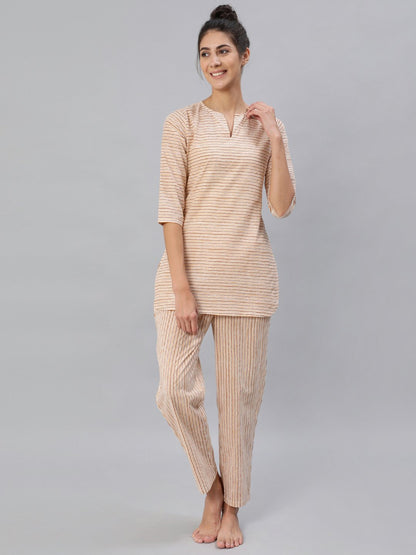 Women's Mustard & Off-White Striped Night Suit Set
