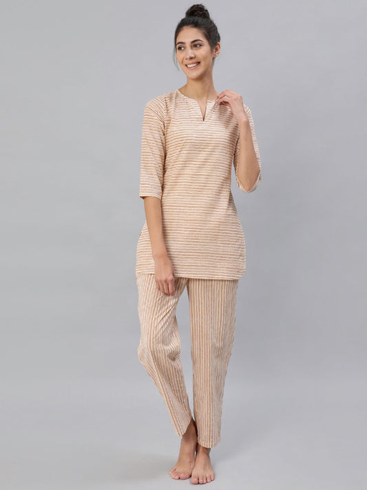 Women's Mustard & Off-White Striped Night Suit Set