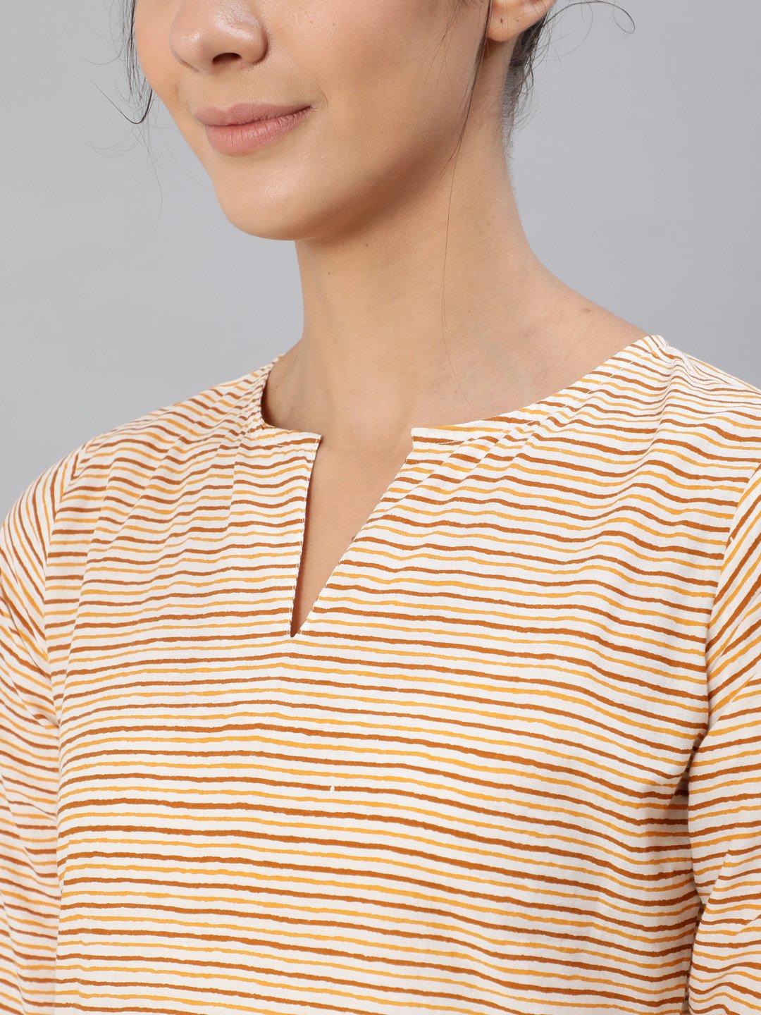 Women's Mustard & Off-White Striped Night Suit Set