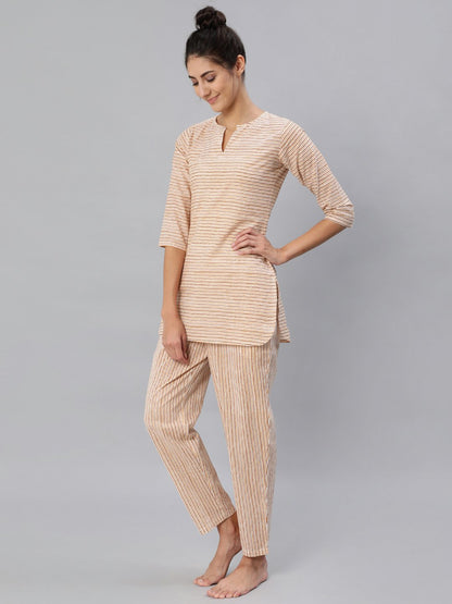 Women's Mustard & Off-White Striped Night Suit Set