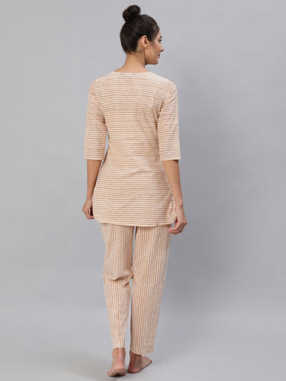 Women's Mustard & Off-White Striped Night Suit Set