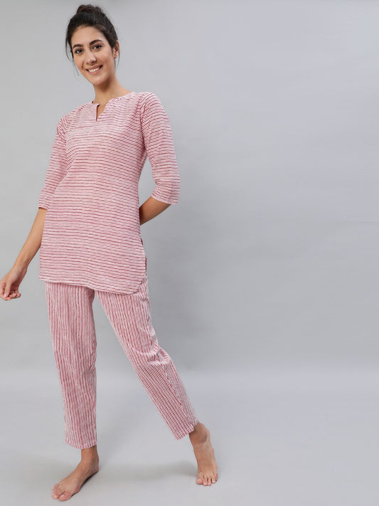 Women's Pink & Off-White Striped Night Suit Set