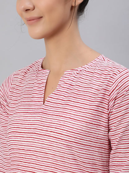Women's Pink & Off-White Striped Night Suit Set