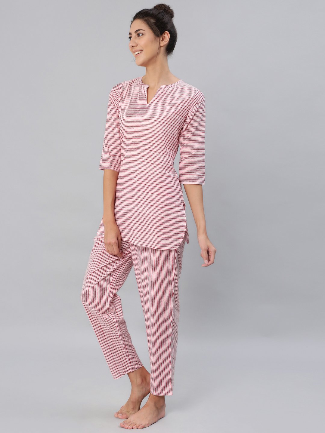 Women's Pink & Off-White Striped Night Suit Set