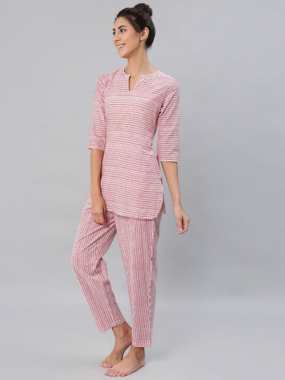 Women's Pink & Off-White Striped Night Suit Set