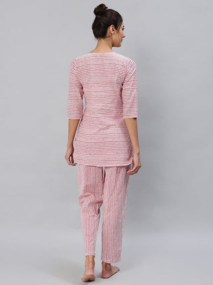 Women's Pink & Off-White Striped Night Suit Set