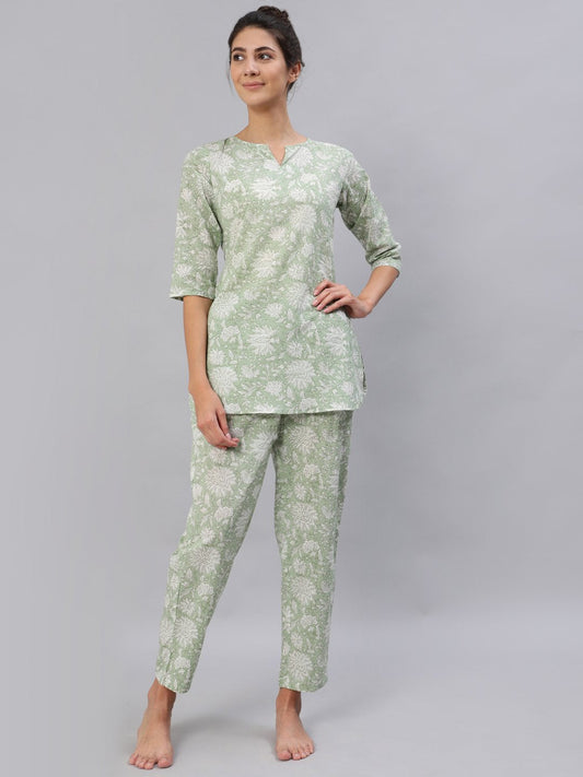 Women's Green Floral Printed Night Suit Set