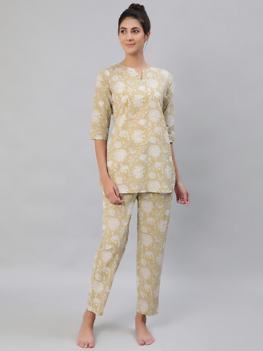 Women's Olive Green Floral Printed Night Suit Set