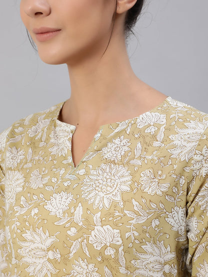 Women's Olive Green Floral Printed Night Suit Set