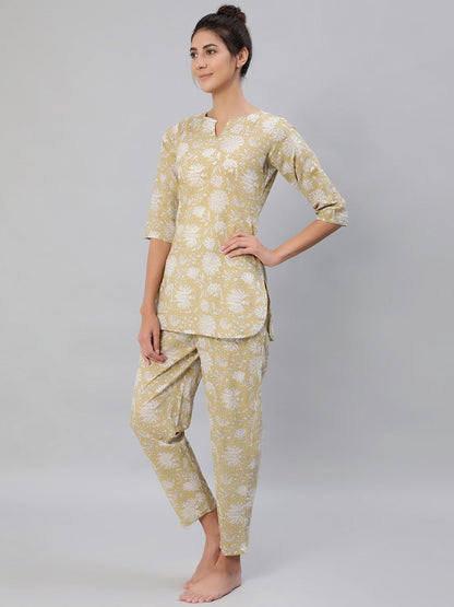Women's Olive Green Floral Printed Night Suit Set