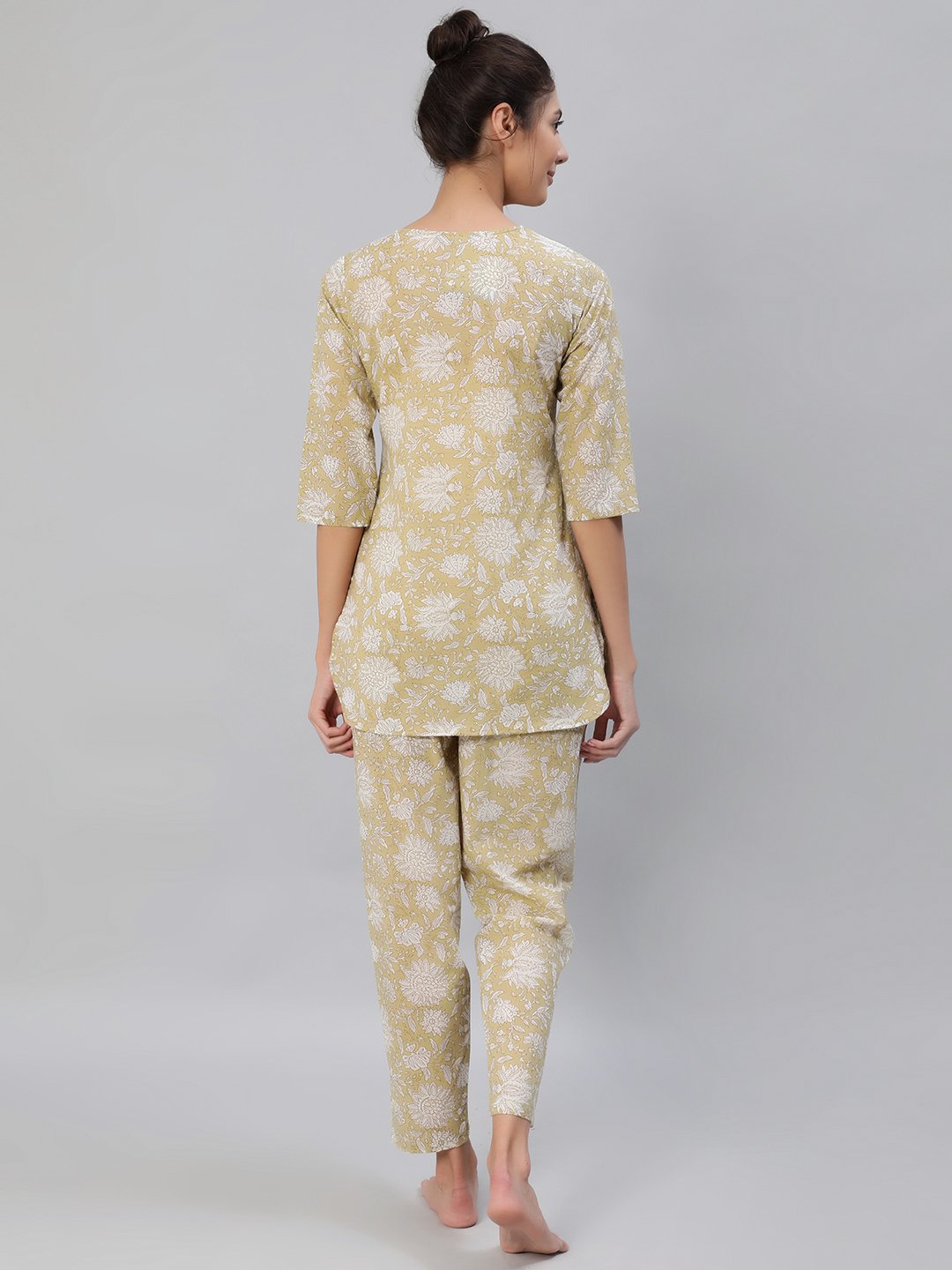 Women's Olive Green Floral Printed Night Suit Set